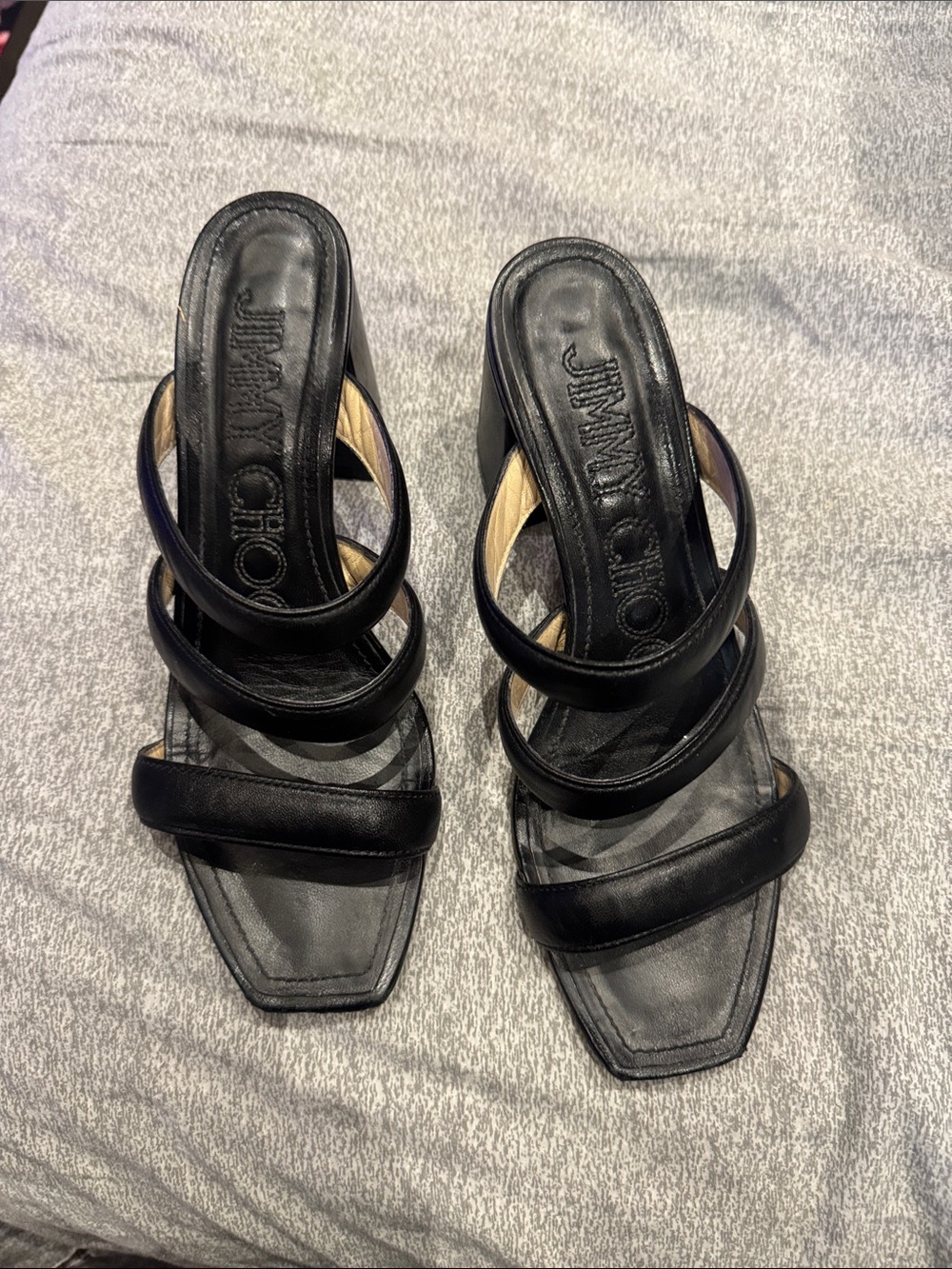 Jimmy Choo Black Strappy Square-Toe Slide Heels